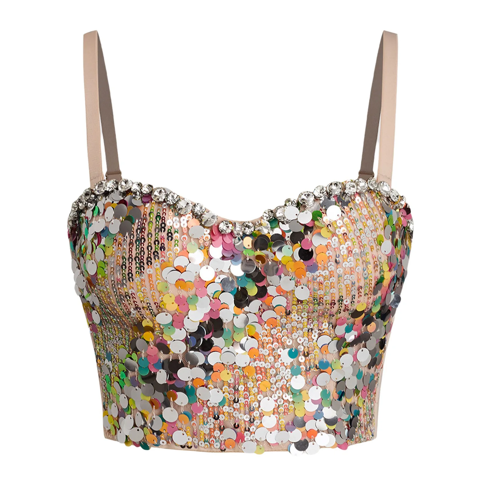 

Womens Push-up Sling Corset Bustier Sequins Glittery Rhinestones Cropped Camisole Bra Tops for Raves Club Party Beachwear