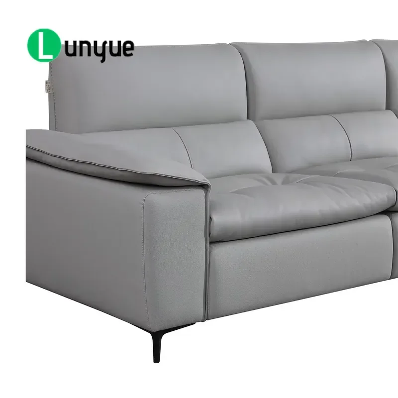 Modern Grey Genuine Leather 3 Seater Office Sofa High Back Wide Wing Armrest Commercial Space Furniture Durable Comfortable