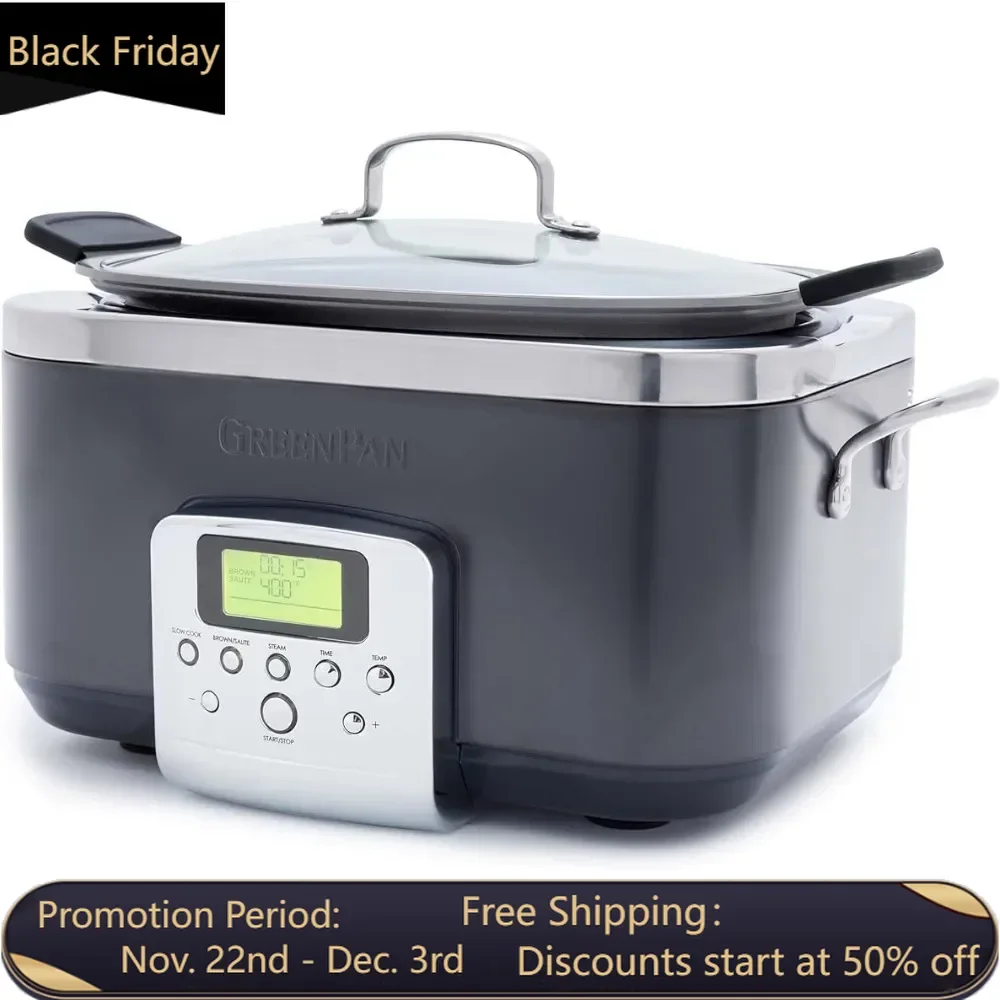 

8-in-1 Programmable 6QT Electric Slow， Dishwasher Safe Lid,Removable, PFAS-Free Nonstick Multi-Cooker,Sear,Steam,Graphite,Brown