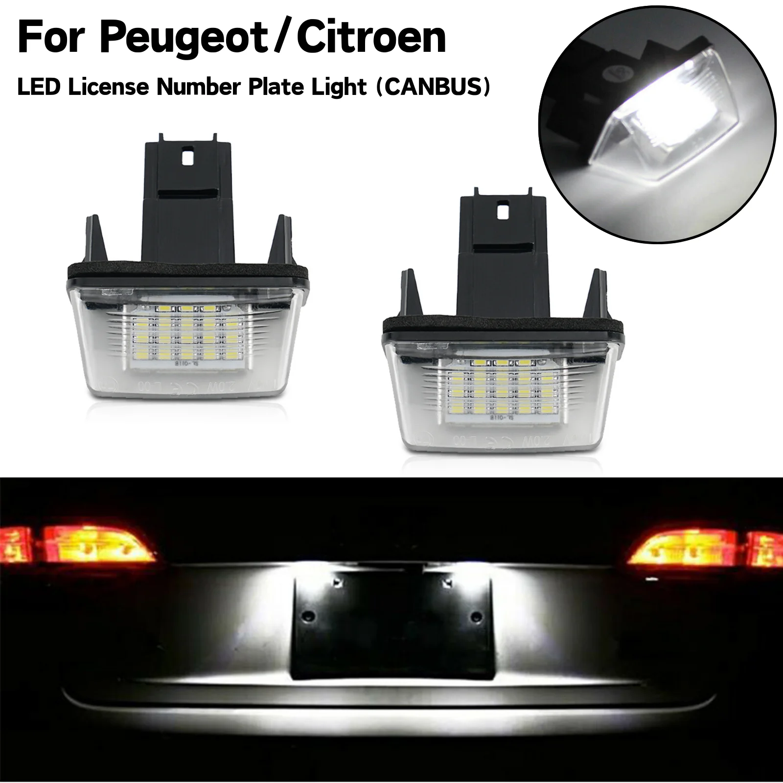 

For Citroen C5 01-08 C4 Grand Picasso 2006-2012 6500K White 2pcs LED License Number Plate Lights CANBUS No Error 12V