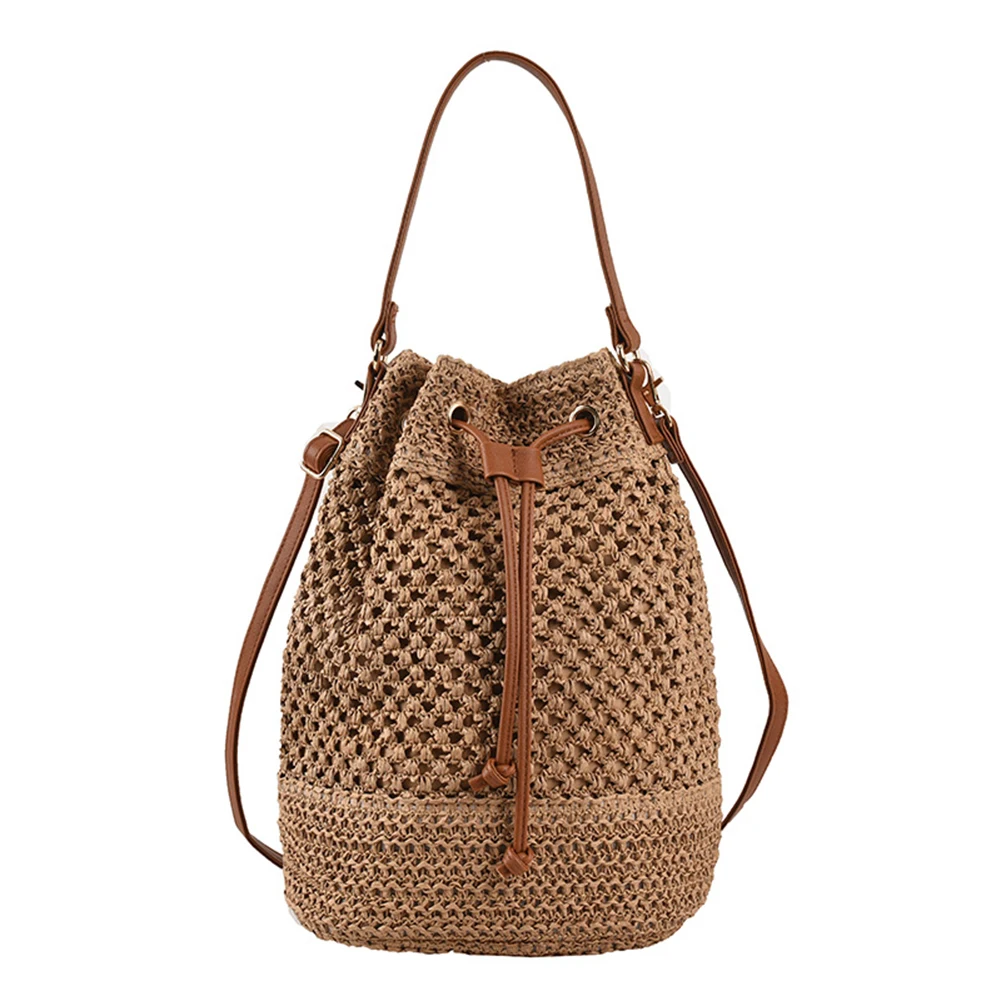 

Summer Shoulder Bag Drawstring Straw Beach Crossbody Bags Adjustable Strap Fashion Simple Portable Elegant for Weekend Vacation