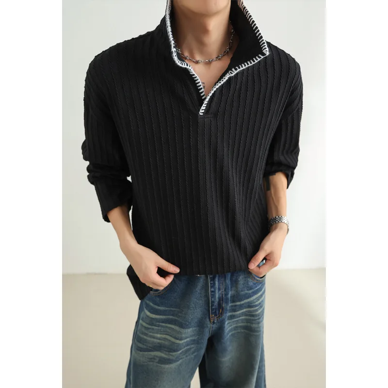 Light Gray Lapel Striped T-shirt Men's American Retro Long-sleeved Sweater
