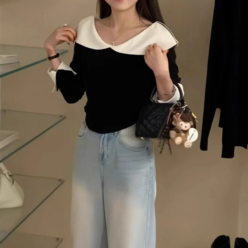 Long-sleeved T-shirt For Women, French Lotus Leaf Collar, White Stitching, Two-piece Design
