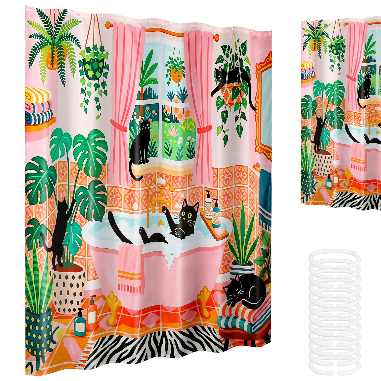 72"×72" Black Cat Shower Curtain Green Tropical Plant Pink Decorative Waterproof Bath Curtain with Hook for Bathtub and Bathroom