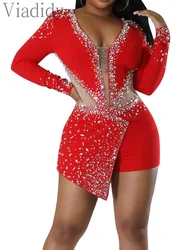 Women Sexy Rompers V-Neck Mesh Rhinestone Skinny Long Sleeve Playsuits