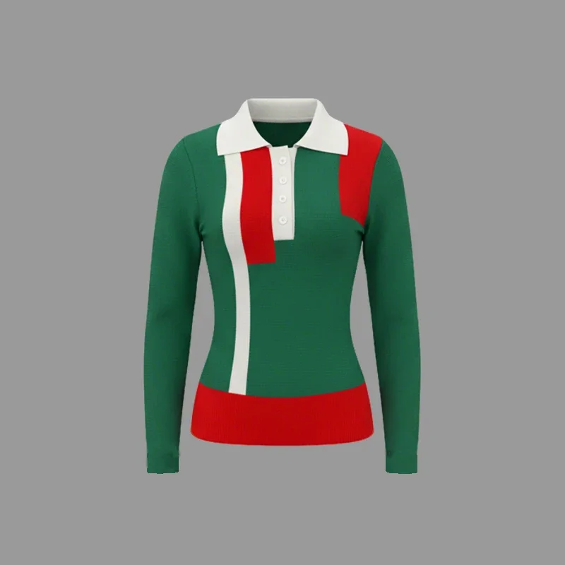 Maglione lavorato a maglia casual autunno inverno da donna 2025 Nuovo colore a contrasto con bottoni maniche lunghe pullover urbani polo per donna
