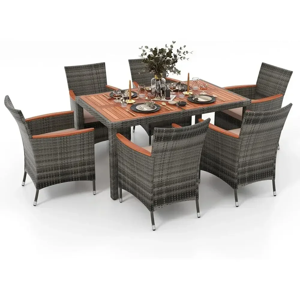 Outdoor 7-Piece Rattan Patio Dining Set with Acacia Wood Top and Cushioned Seats
