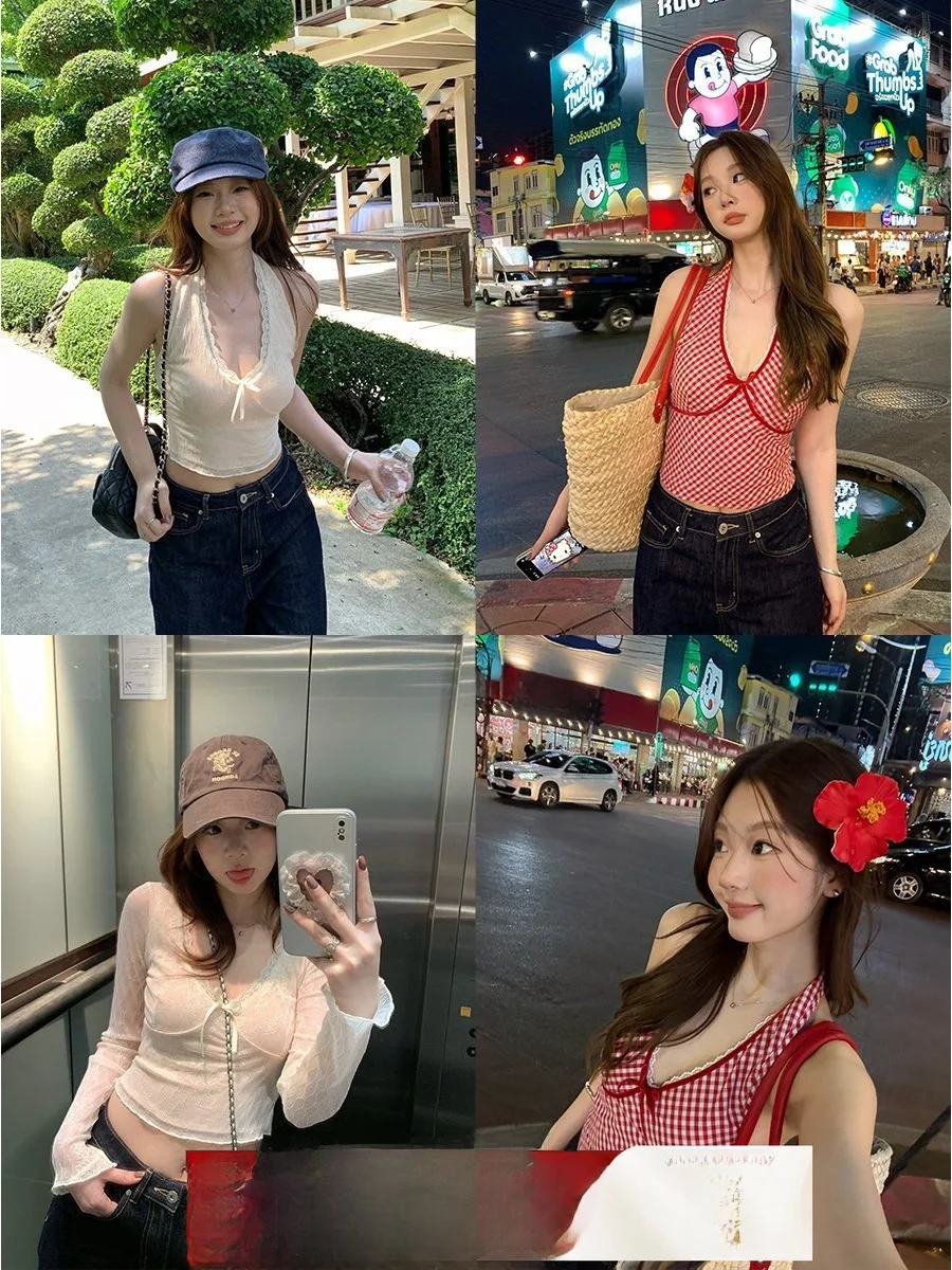 

Summer Women's Lace Splice Hanging Neck V-neck Knot Top Cotton Sexy Style Short Length Slim Fit Pure Desire Shirt