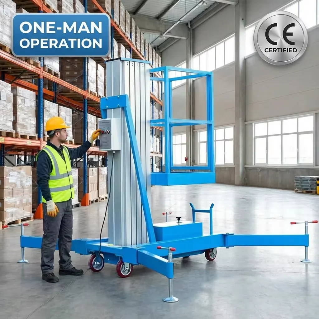 Compact Design One Man Operation 100kg 150kg Portable Electric Hydraulic Vertical Single Mast Aluminum Lift Platform