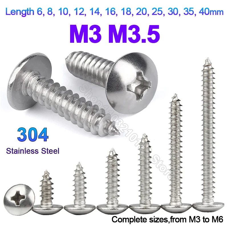 

M3 M3.5 Cross Recessed Truss Head Self-tapping Screw 304 Stainless Steel Phillips Round Pan Mushroom Head Wood Screws L=6-40mm