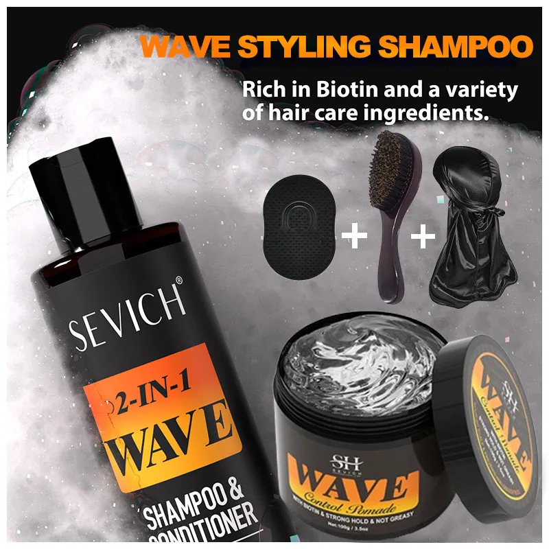 360 Wave Hair Wax Shampoo Kit Edge Control Gel Pomade Curly Hair Cream for African Men Grease Layered Style With Brush Tool