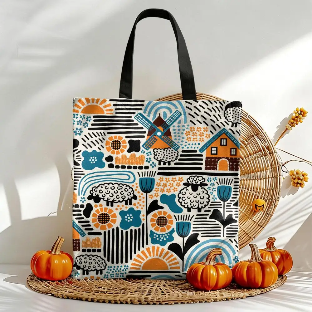 Folk Style Farm Animal Storage Bags Canvas Tote Bag Double-Sided Print Durable Shoulder Handbag for Festival Party Gift