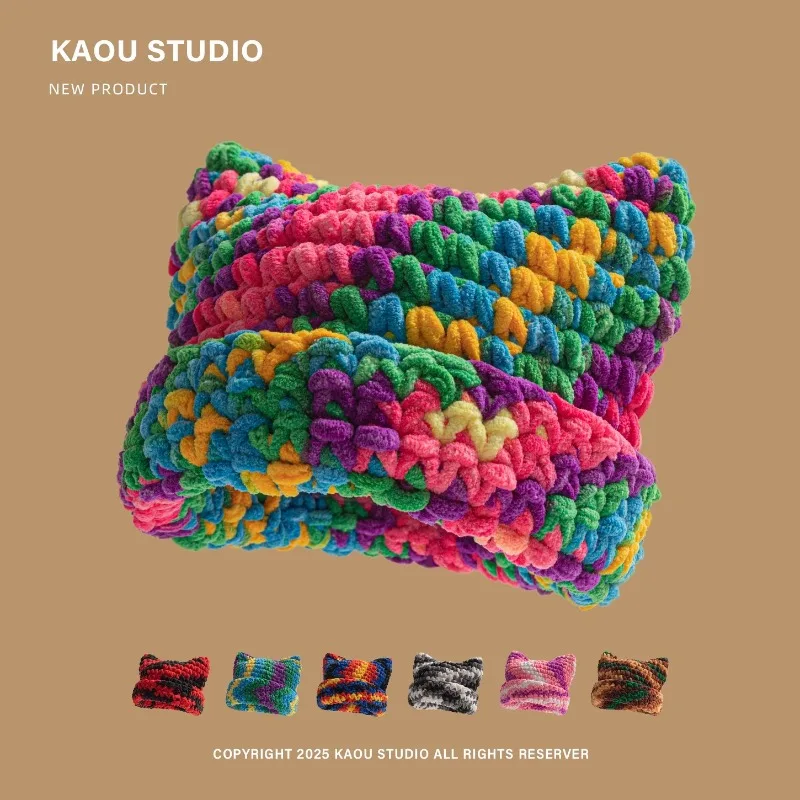 

Цвет допамина, толстая нить, вязаные шапочки с кошачьими ушками, женские зимние туристические теплые универсальные индивидуальные пуловеры Y2K, мужские шапки