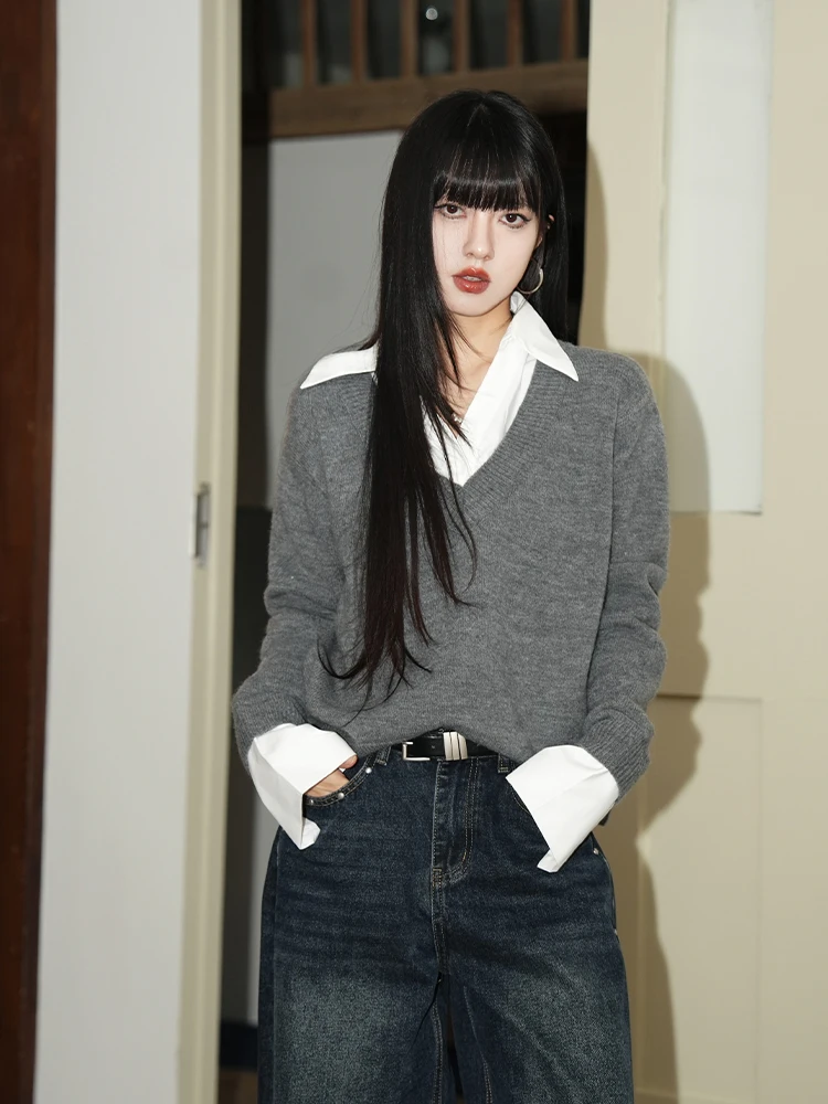 

Новинка: Женский шерстяной вязаный свитер с отложным воротником, имитация двойки, свободный крой, повседневный стиль