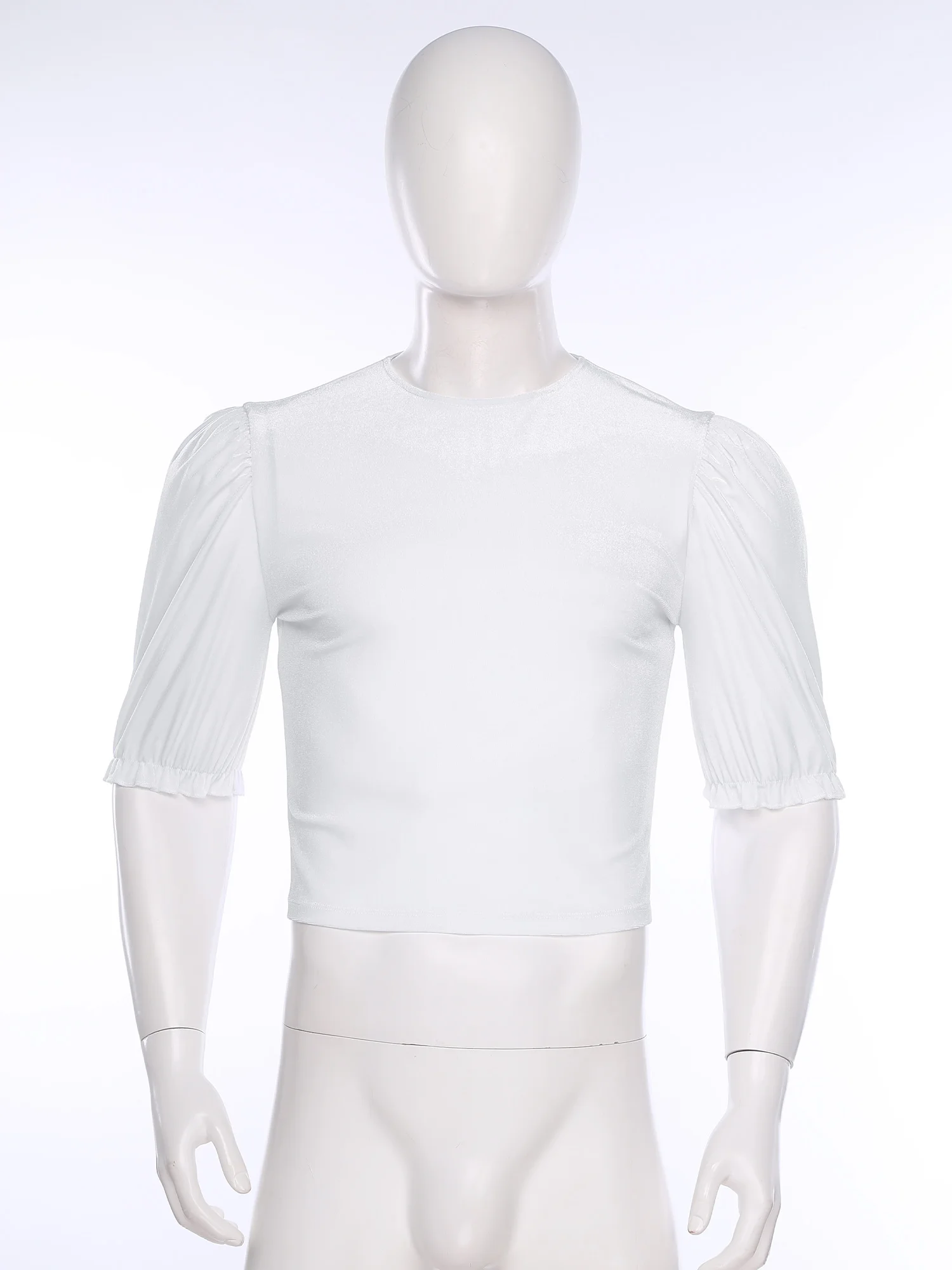 男性バレエダンストップス中世バレエプリンスダンスウェアパフォーマンストップハーフスリーブフリル袖口プルオーバーベースレイヤークロップシャツ