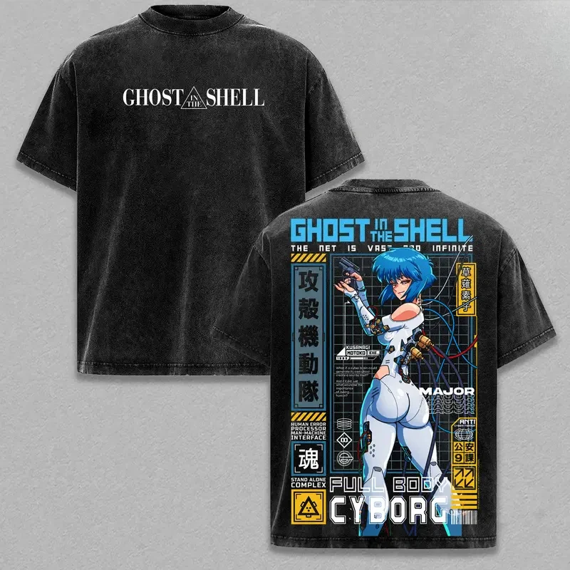 Anime The Ghost in The Shell Motoko Kusanagi Graphic T Shirt Men Women Washed Cotton Tshirts Casual Clothing Harajuku T-shirt
