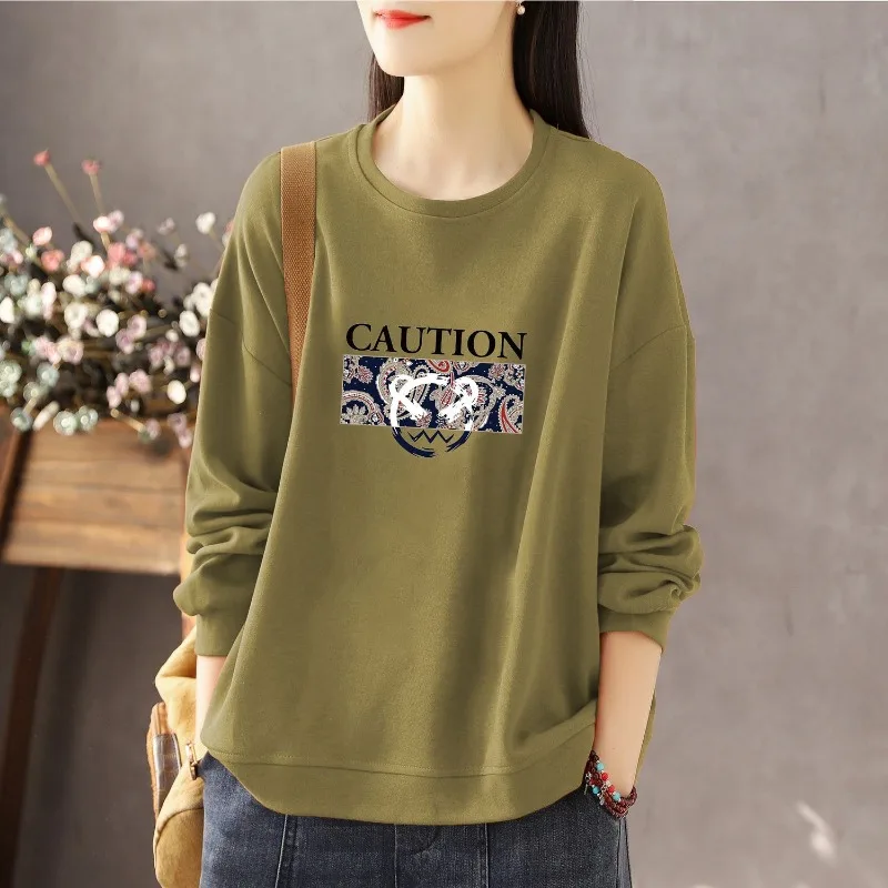 Office Lady Women\'s Clothing Round Neck Autumn Winter Pullover Lantern Long Sleeve Letter Geometric Printing Casual Loose Tops