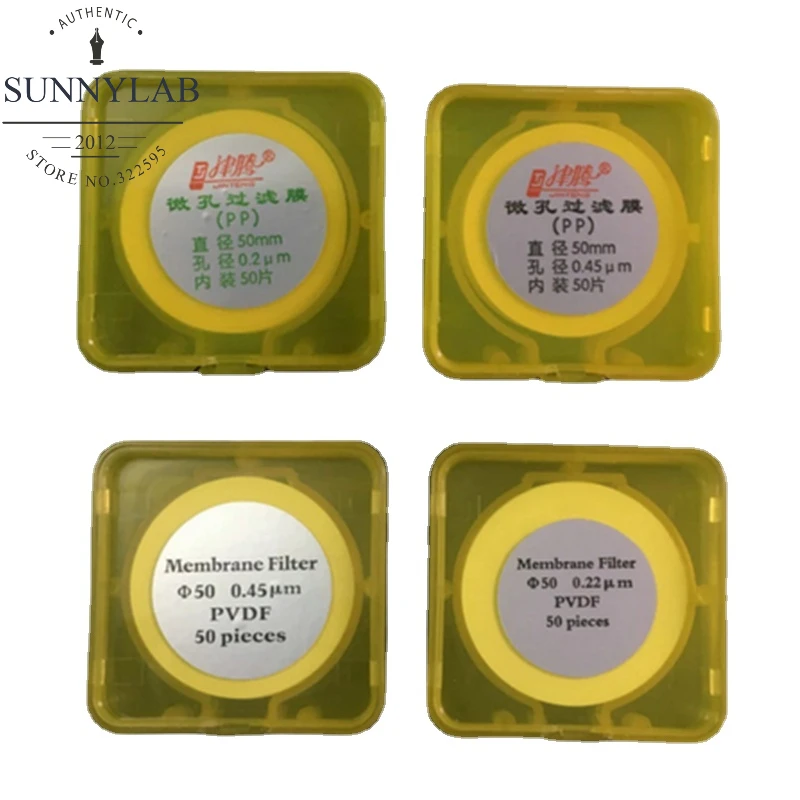 

50pcs/box Lab PP/PVDF Material 50mm/60mm Millipore Membrane filter with pore size 0.22um/0.45um