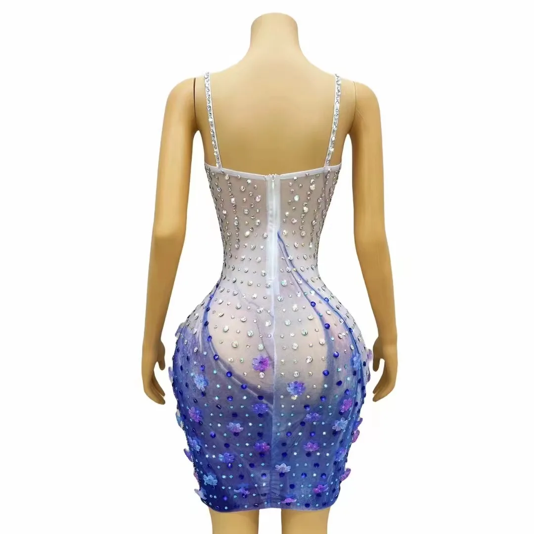 Strass brilhantes flores malha fina deslizamento vestido curto feminino celebrar noite baile de aniversário vestido sexy mostrar palco wear