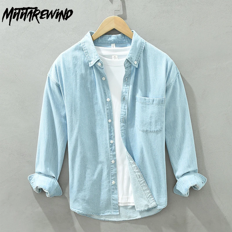 Classic Long Sleeve Denim Shirt Men Causal Loose Cowboy Shirts Cotton Lapel Washed Light Blue Jean Shirt Japan Vintage Clothes