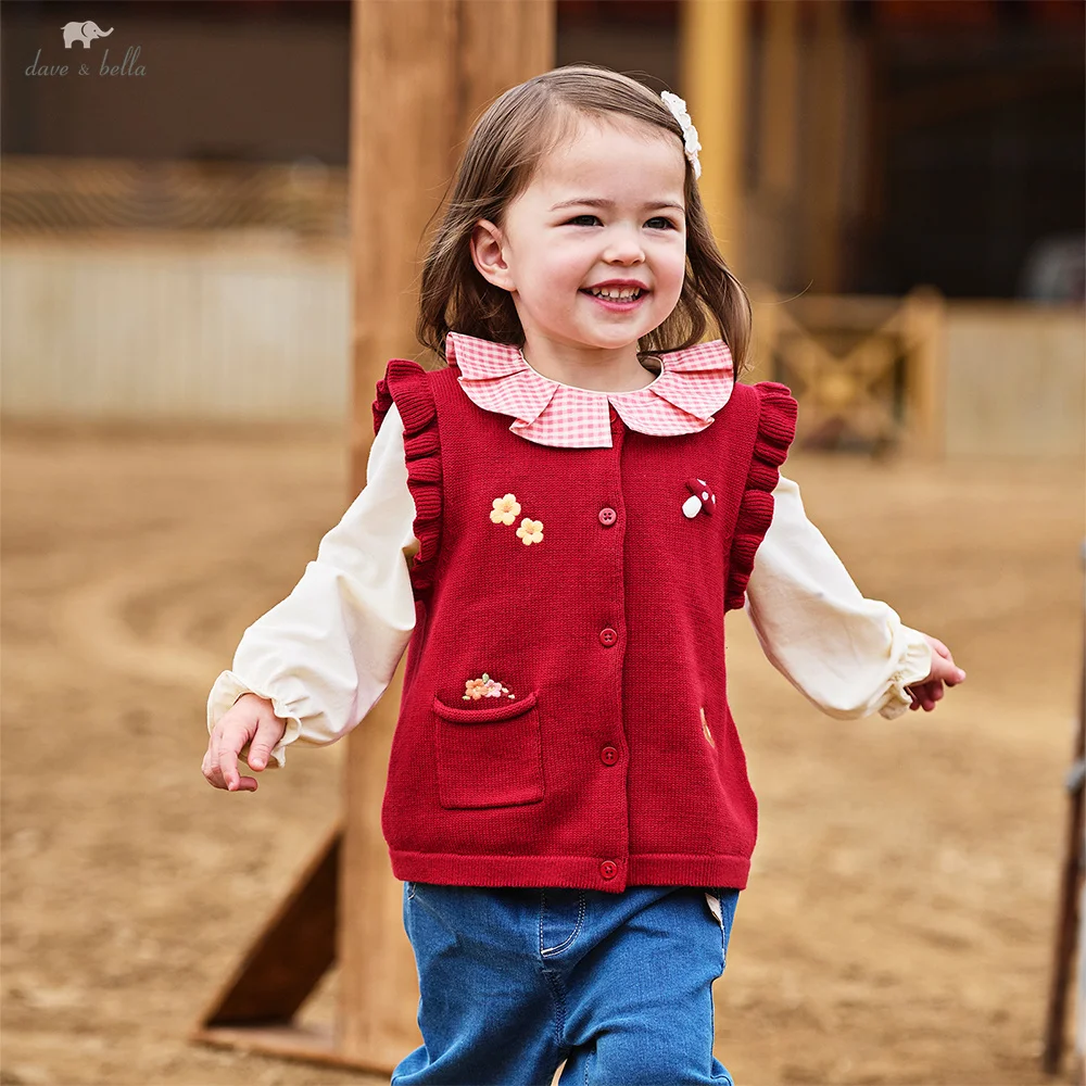 

Dave Bella Girls' Autumn Sweater Vest Top Sweet Cute Cartoon Children's Knitted Red Waistcoat Hoodie Party Outdoor DB3252411