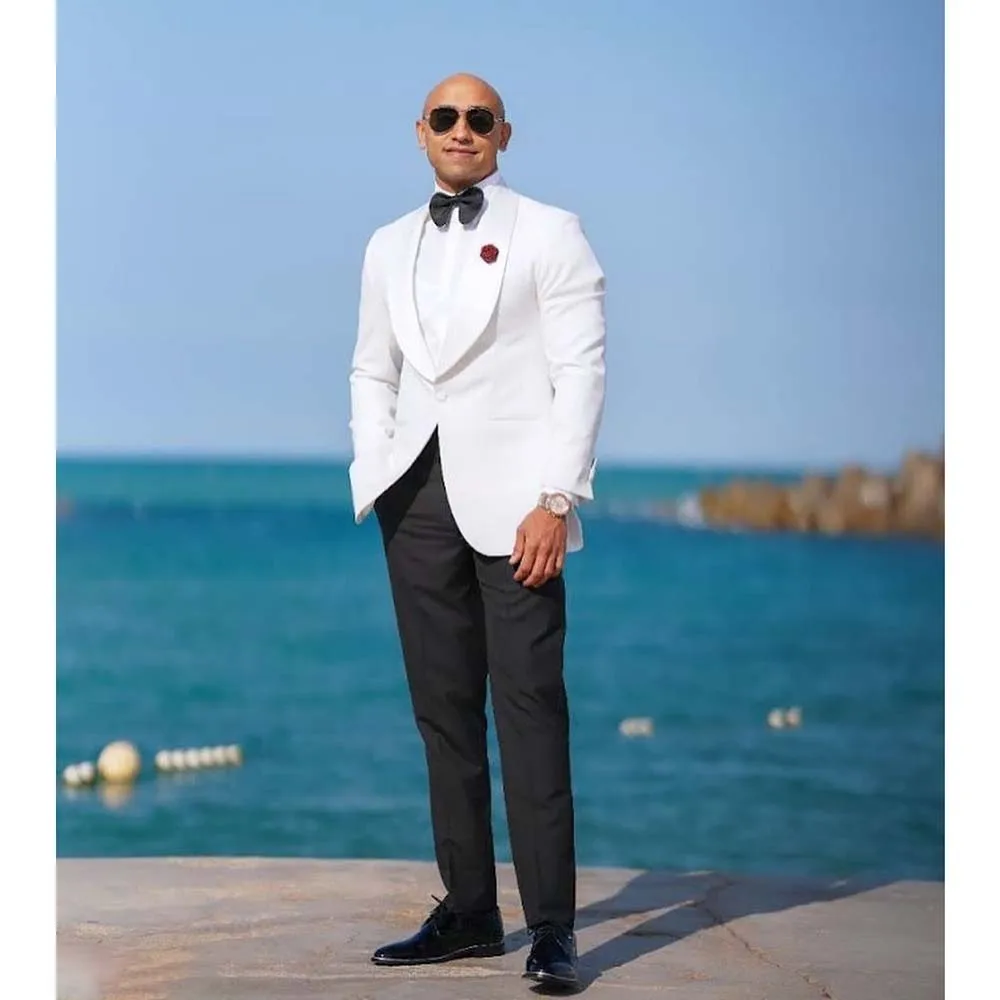 

Formal Wedding Men's Suits Shawl Lapel One Button White Blazer Black Pants Bespoke Outfits Slim Fit Groom 2 Piece Jacket Set