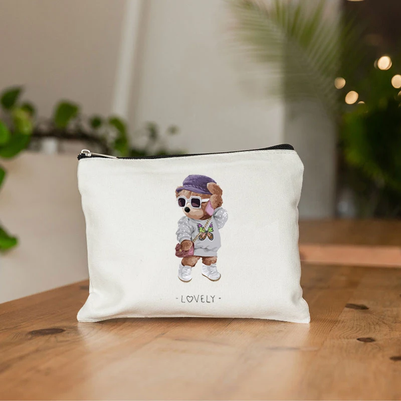 Cute Bear Padrão Maquiagem Sacos para Mulheres, Kawaii, Casual, Viagem, Senhoras, Caso Cosmético Portátil, Saco de Beleza, Bolsa de Higiene Pessoal