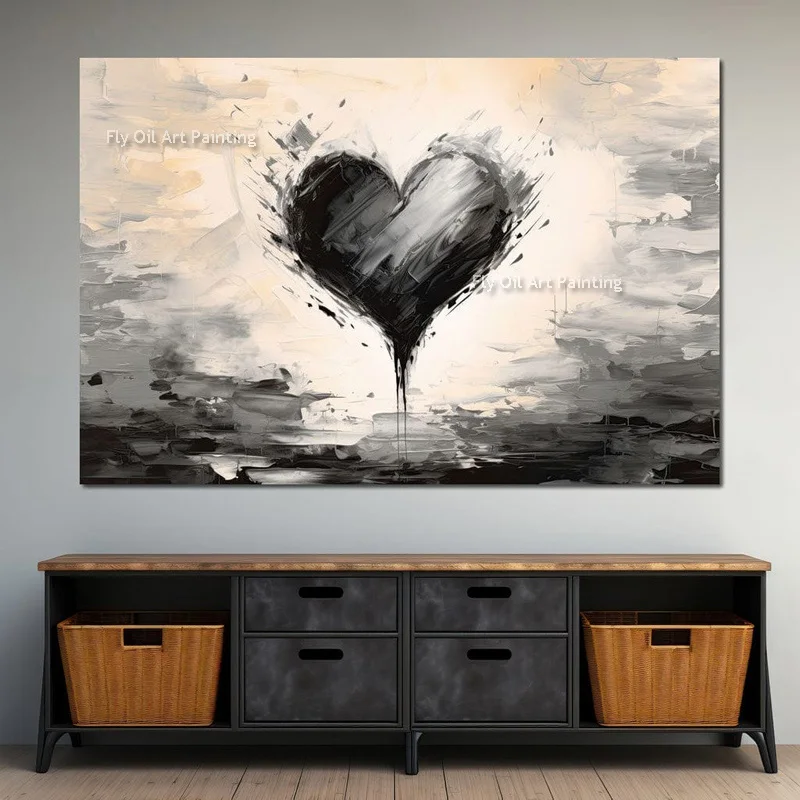 Ink Abstract Love Wall Art Decor Modern Texture Oil Painting Hand Painted Black Heart Abstract Canvas Artwork Special Design