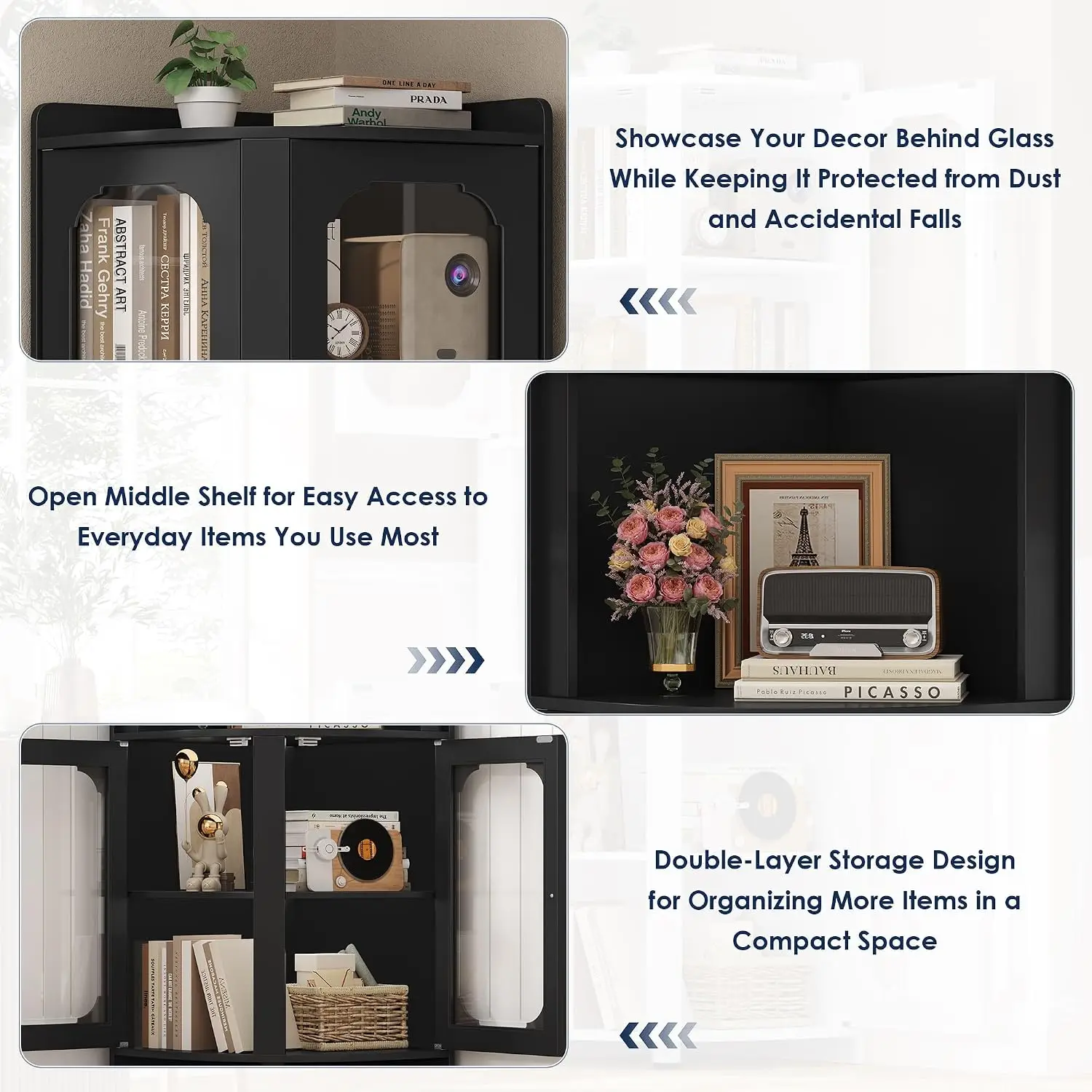 69" Tall Corner Storage Cabinet with Glass Doors, 5-Tier Display Shelf for Small Spaces, Modern Bookshelf for Living Room, Home Office, Kitchen, Black - view 6