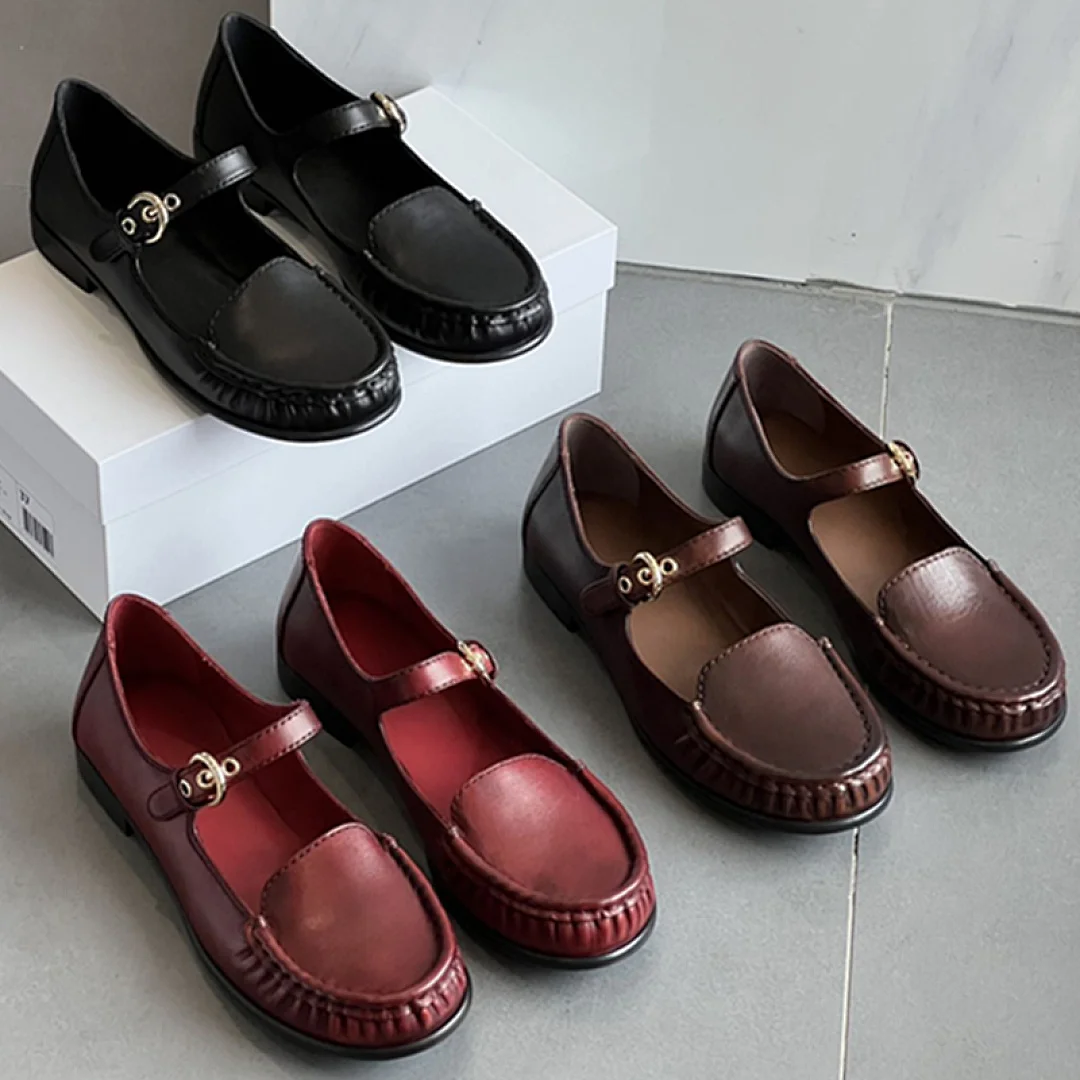 

Maxdutti British Minimalist Round Toe Mary Jane Sandals Handmade Genuine Leather Woman Shoes Shoes For Woman Loafers