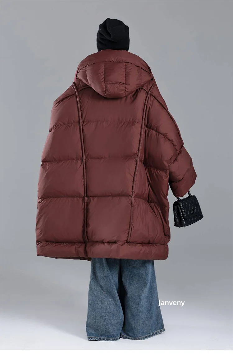 Janveny 2026 Newest Winter Loose Long Puffer Jacket Women Hooded 90% White Duck Down Coat Female Fluffy Warm Down Parka Outwear