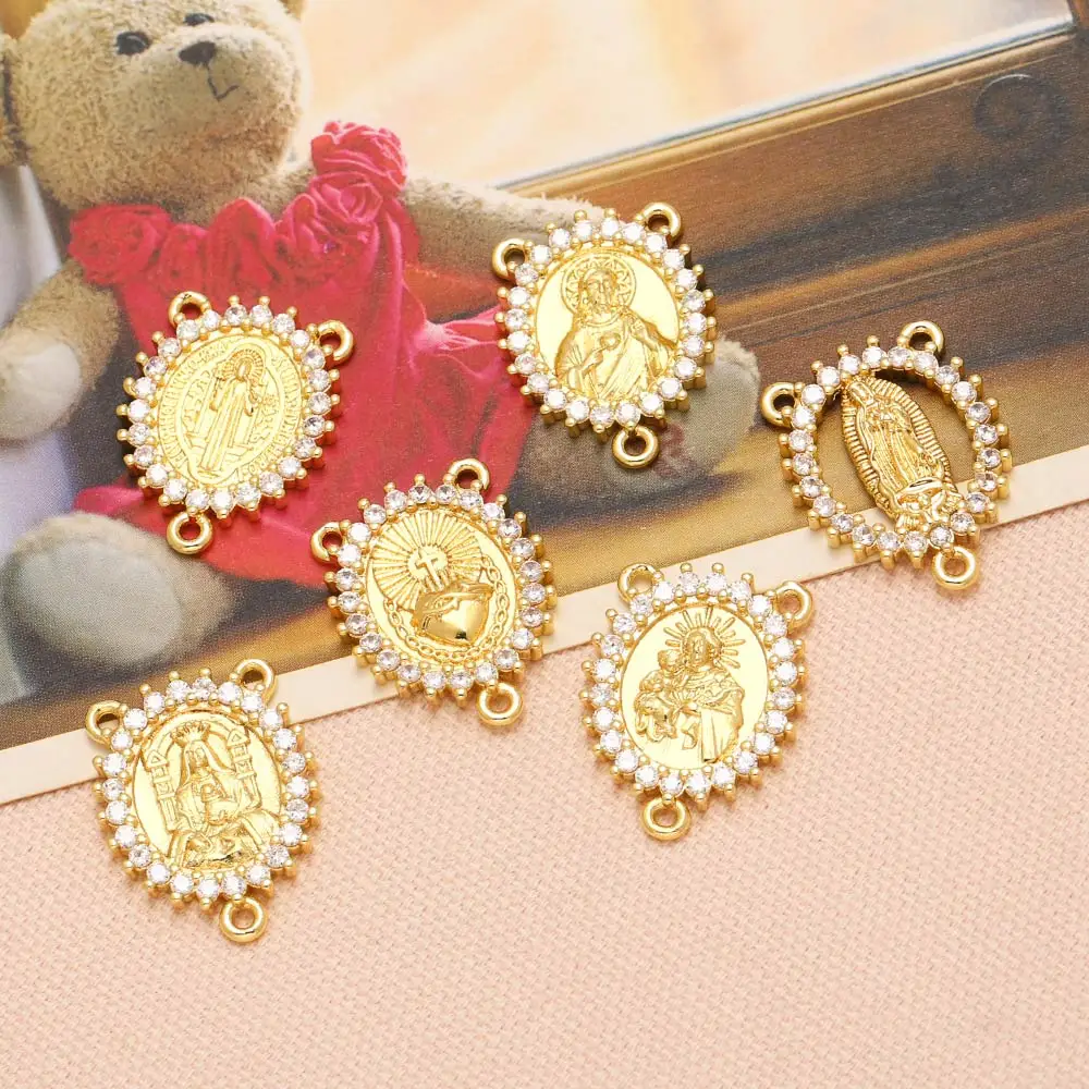 OCESRIO Virgin Mary Sacred Heart Pendant for Necklace Copper Gold Plated CZ Rosary Connector Jewelry Making Supplies pdta889
