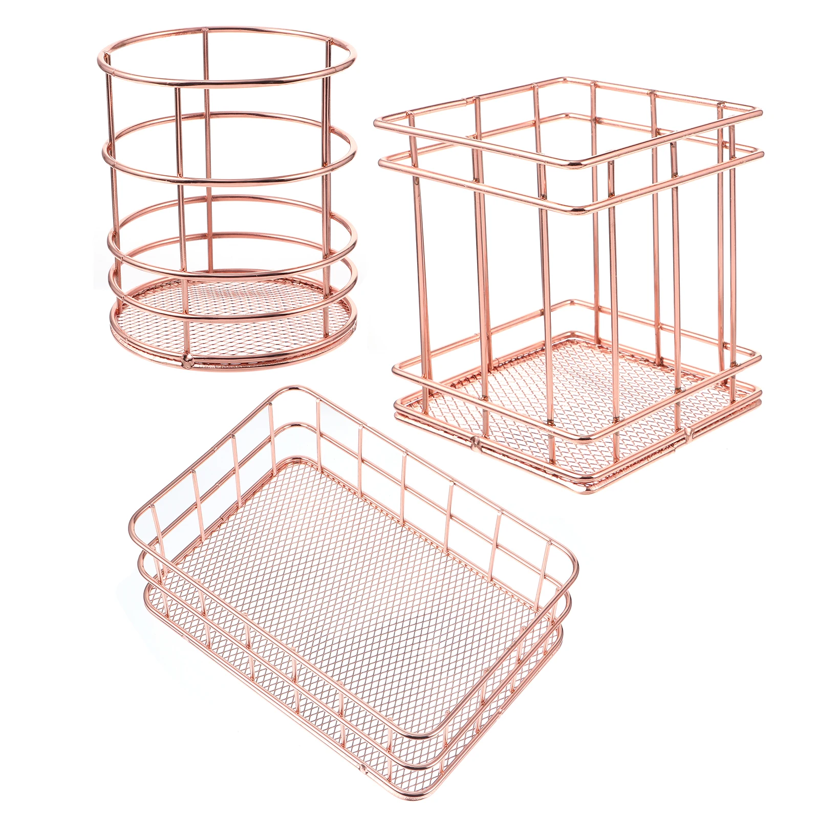 

3pcs /Set Stainless Steel Pen Holder Rose Gold Storage Basket Hollow Carved Organizer Metal Container Kitchen Desk Tidy