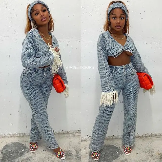 Fashion Denim Women\'s Set Tassel Long Sleeve Crop Jean Jackets And Pants With Scarf 2023 Autumn Two 2 Piece Set Outfit Tracksuit