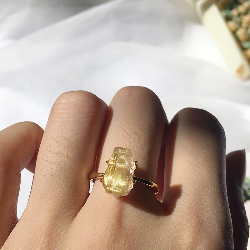 Natural  Gold Rutilated  Quartz Pixiu Ring Feng Shui Amulet Wealth Lucky Open Adjustable Ring Buddhist Jewelry for Women  Gift