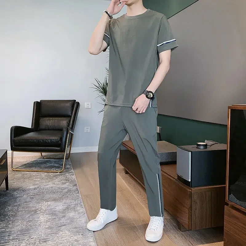 

Спортивные штаны, мужские брюки, комплект из ледяного шелка, трендовые костюмы, высокое качество, роскошные незаменимые мешковатые Kpop, стильные мужские футболки, комплекты брюк