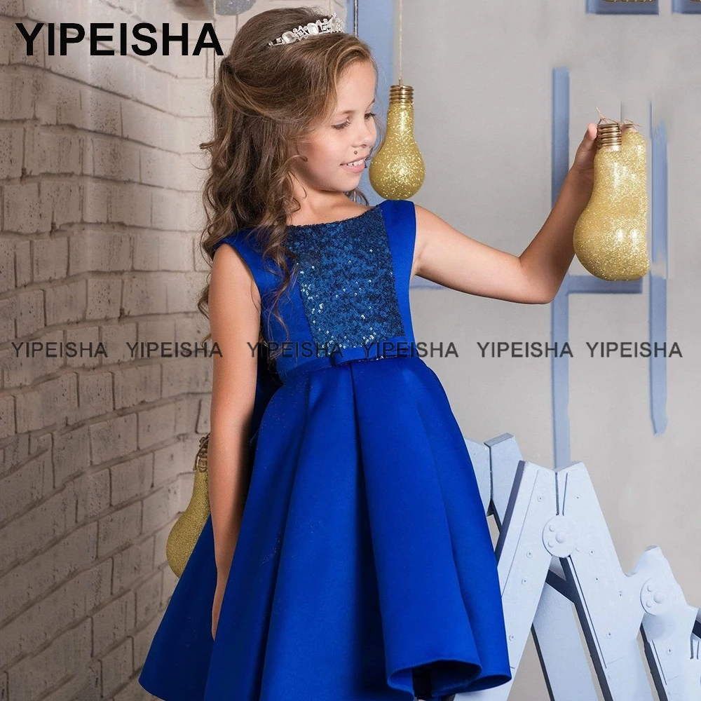 Yipeisha Simple Royal Blue Flower Girl Dress Scoop Satin Baby Wedding Guest Gown A-line Knee Length Kids Birthday Party Dresses