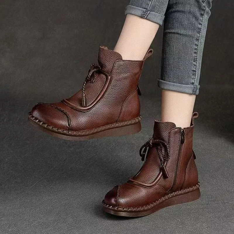 Stivaletti piatti vintage da donna per l'autunno/inverno - Stivali comodi in morbida pelle, stivali caldi foderati in peluche con cerniera laterale con lacci