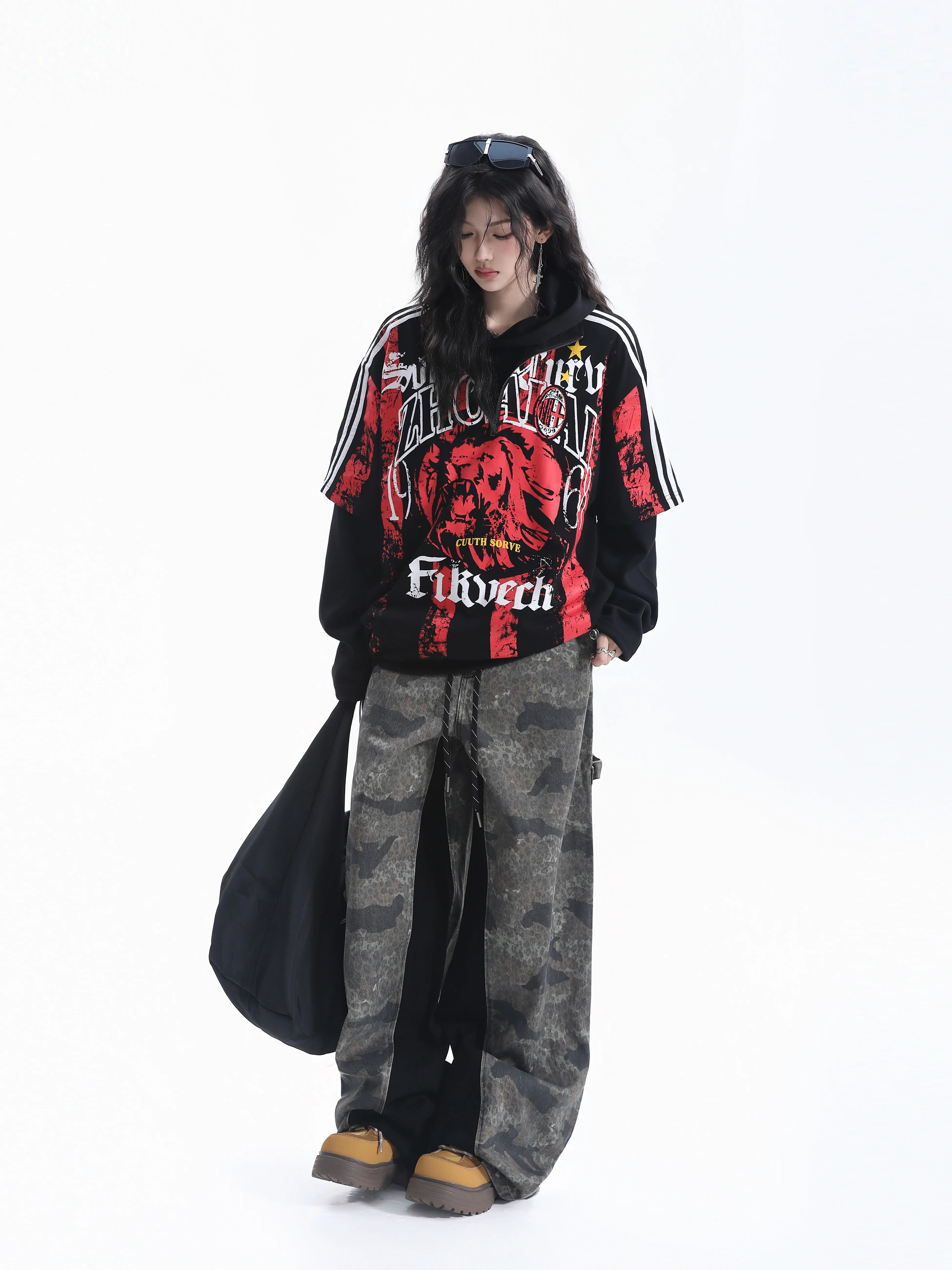 Animal Print Hoodie And T-Shirt Set Women's Loose Fit Drawstring Short Sleeve Sweatshirt Couple's Casual Cotton Polyester Blend