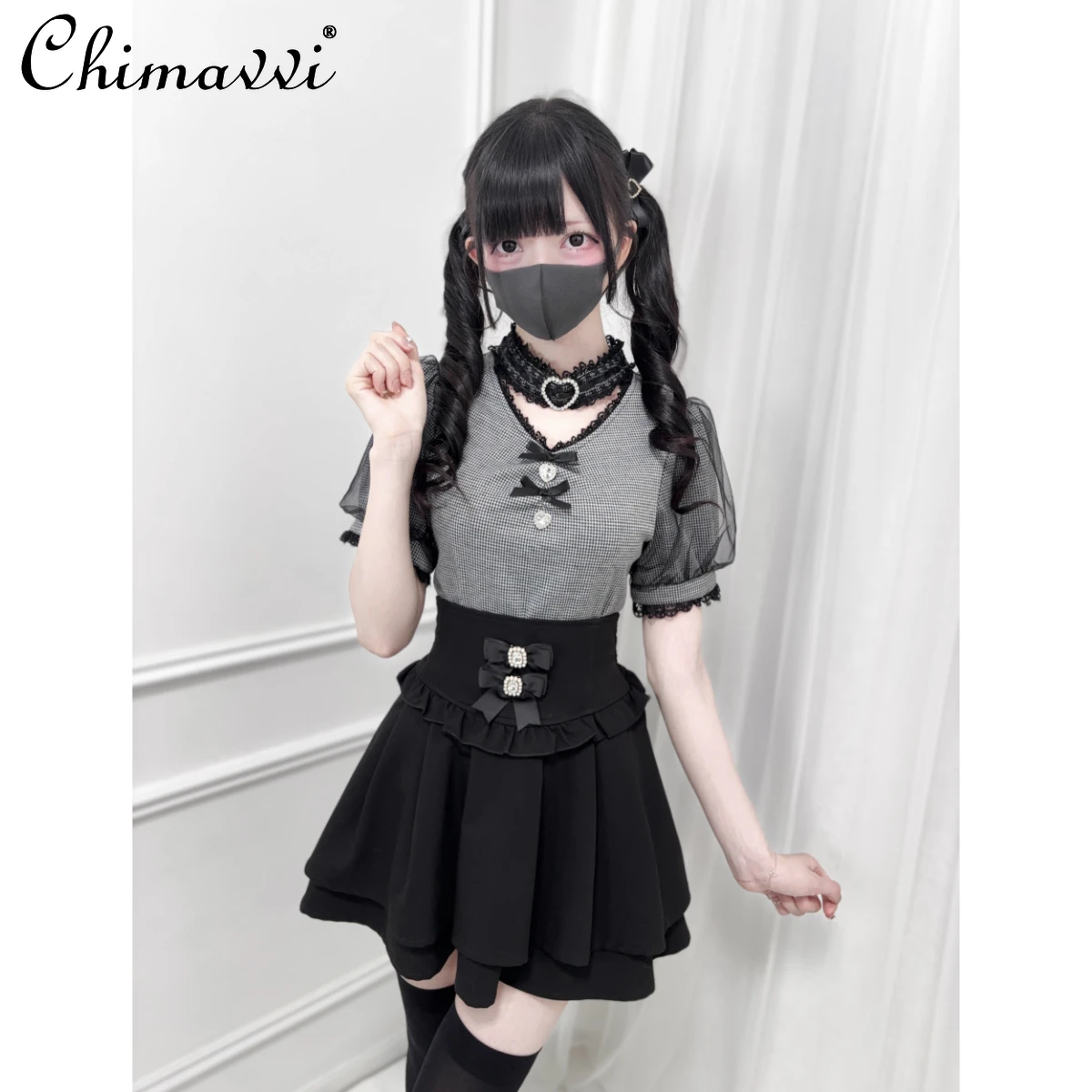 New Japanese Sweet Rhinestone Heart Collar V-Neck Knitted Short Sleeve T-Shirt Summer Mass-Produced Cute Bowknot Slim Lolita Top
