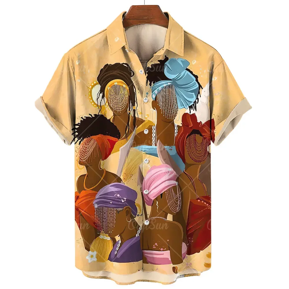 Chemise décontractée de plage unisexe, illustration artistique ethnique visages de femmes avec turban, tissu léger et fluide, plusieurs styles disponibles