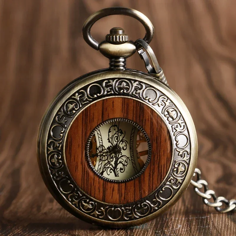 Vintage Wood Mechanical Pocket Watch Roman Numerals Creative Carving Flower Dial Wooden Watches Pendant Chain Gifts for Husband