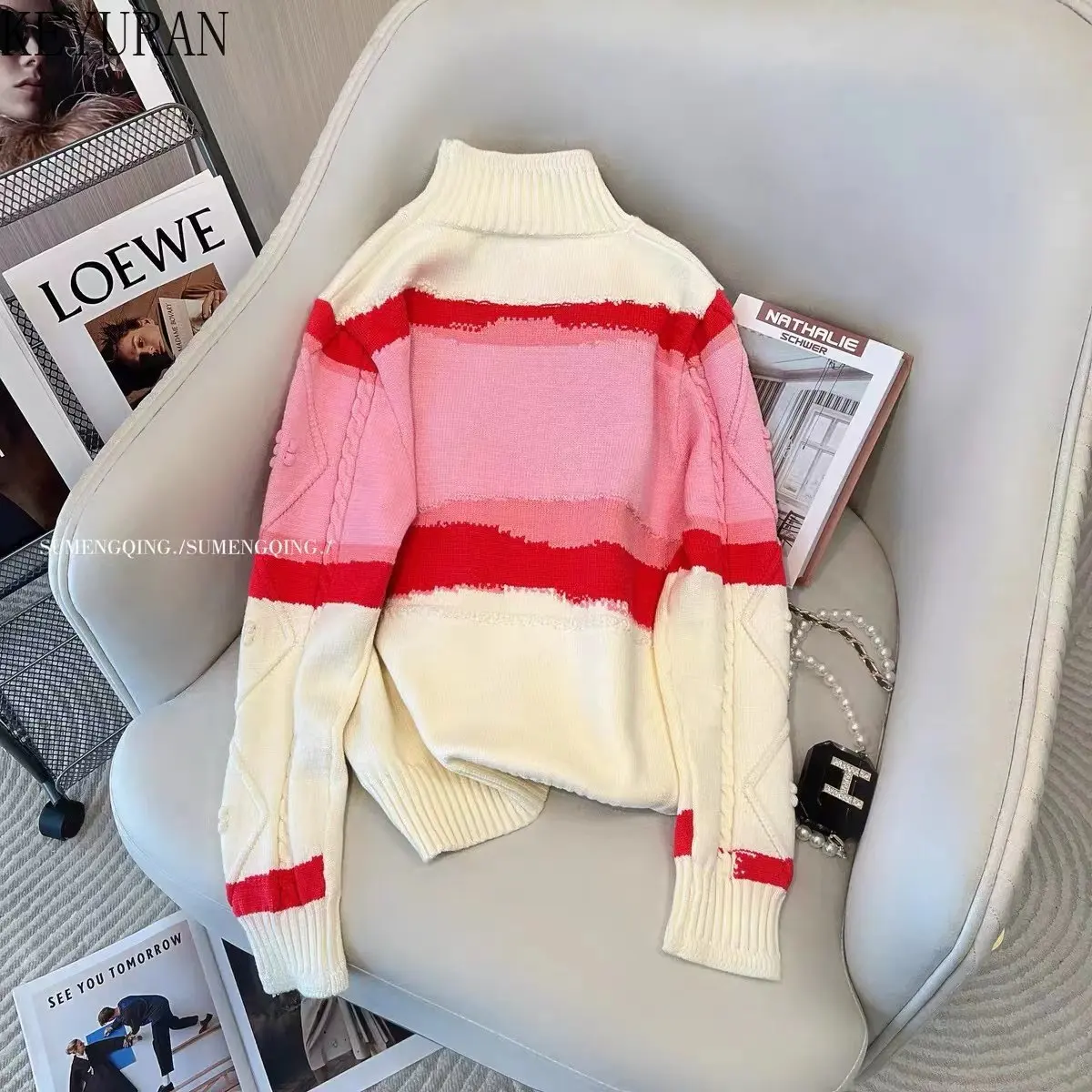 Runway Letter Striped Turtleneck Sweater Women Autumn Winter Clothes Y2k Vintage Sweaters Pink Chic Knitwear Top Traf Pull Femme