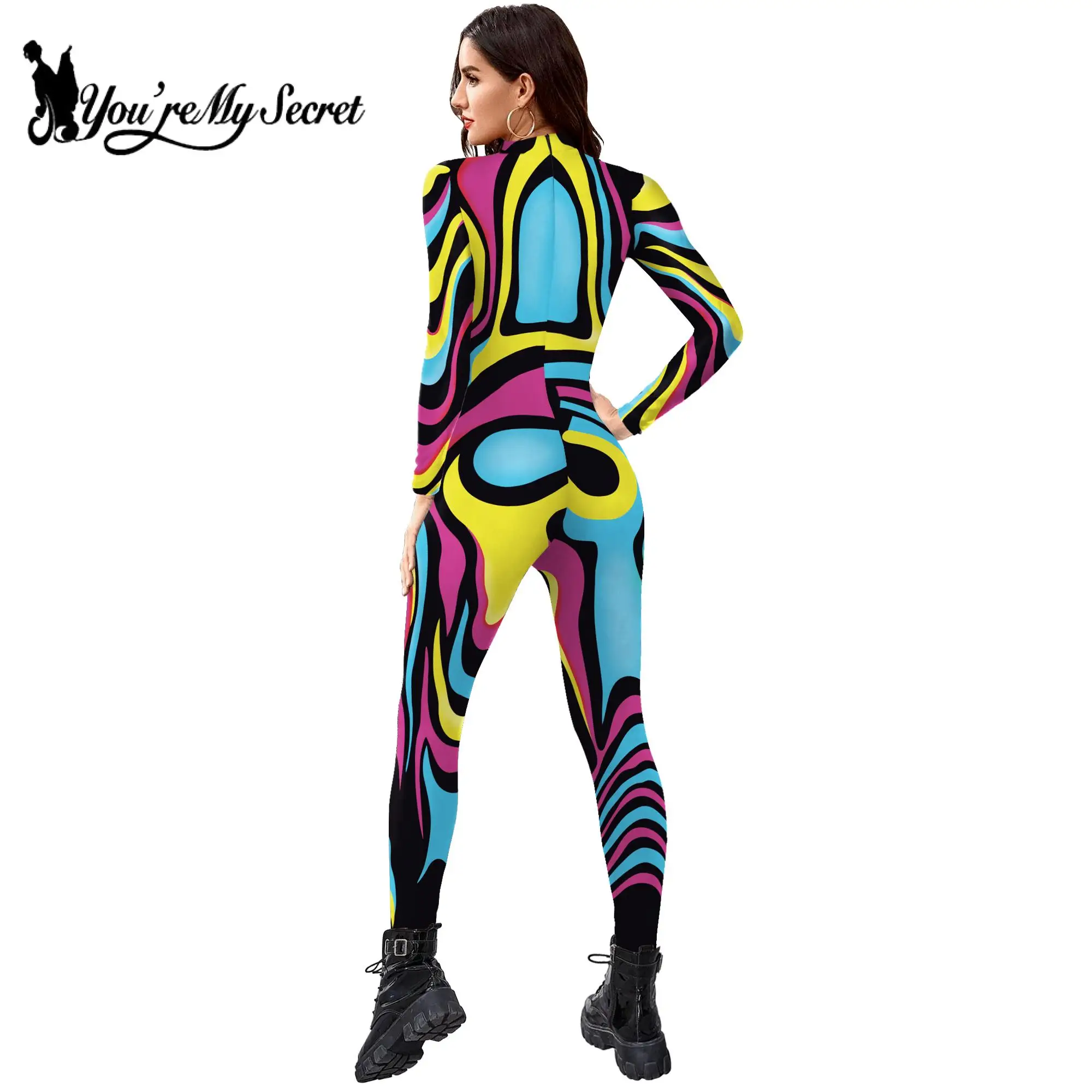 [You're My Secret] Women's Catsuit Fashion Funny Halloween Cosplay Costumes 3D Skeleton Muscle Print Zentai Bodysuit Jumpsuits