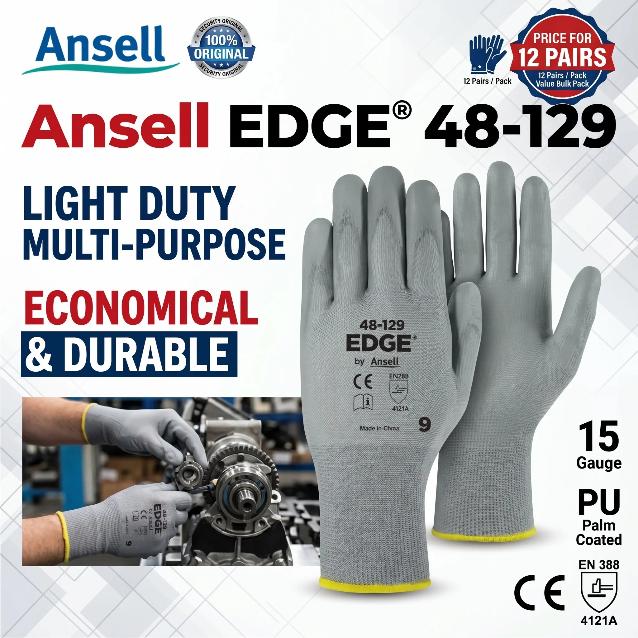 Ansell EDGE 48-129 Work Safety Black PU Coated Gloves for Work Men Mechanic Heavy Duty Utility Guantes de Trabajo Construction
