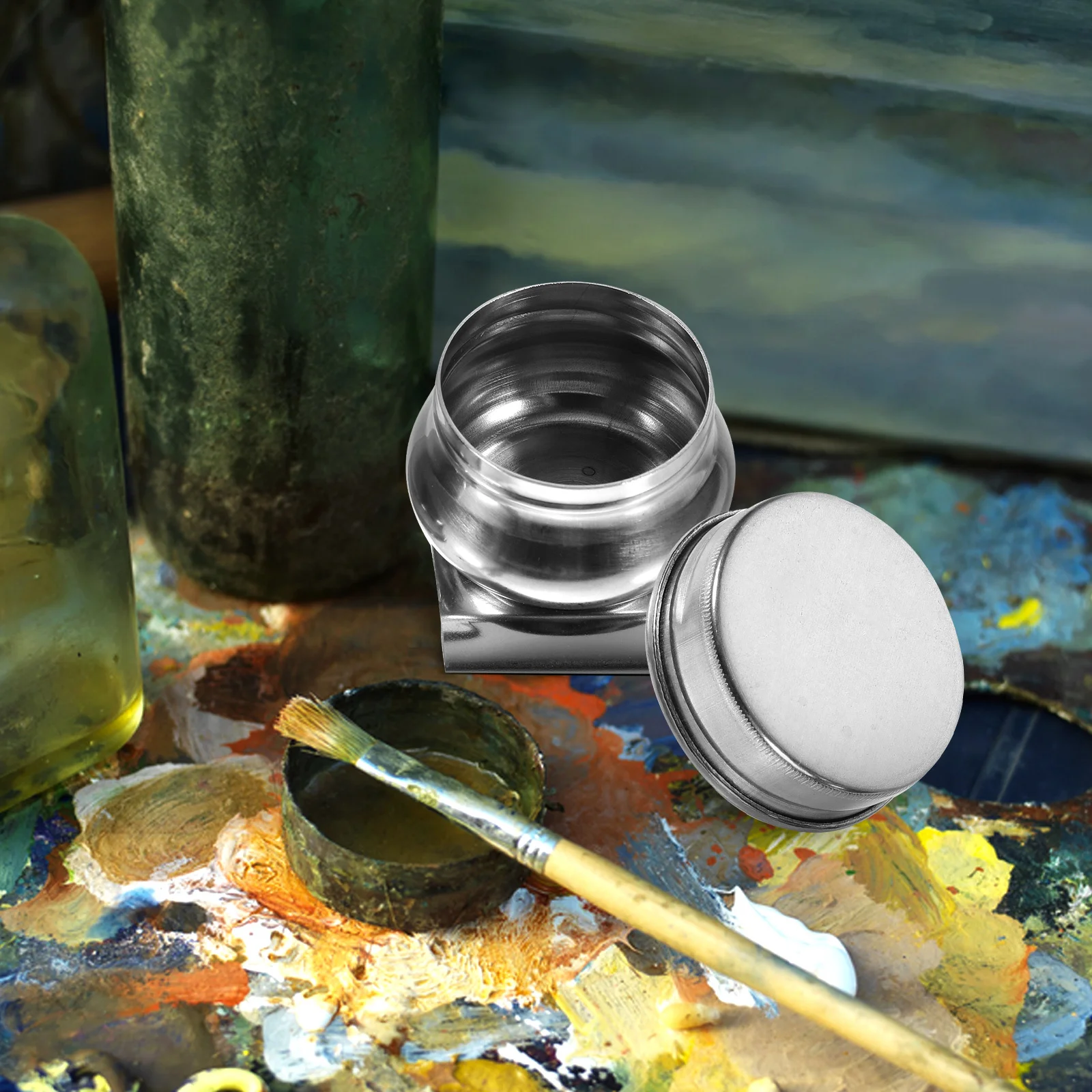 

2Pcs Stainless Steel Oil Palette Cups Portable Painting Cleaning Container Brush Cleaner Holder for Artists Oil Palette Cup