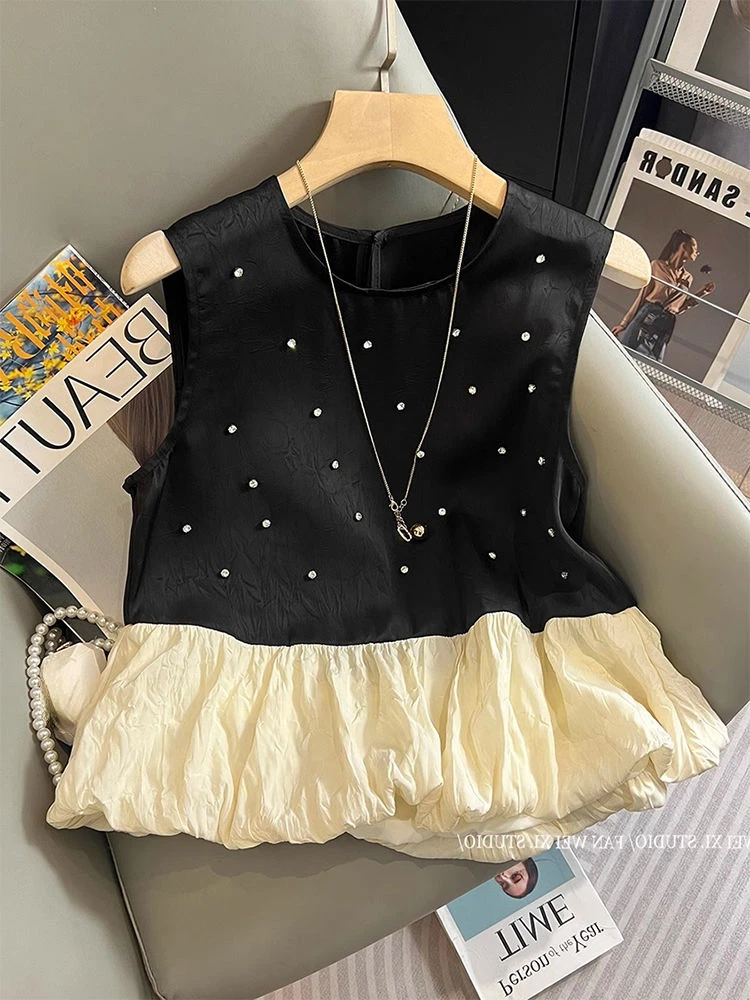 Diamond Studded Contrast Color Patchwork Ruffle Edge Sleeveless Vest Tank Top  Crochet Y2k Ropa De Mujer Camis Doll Shirts