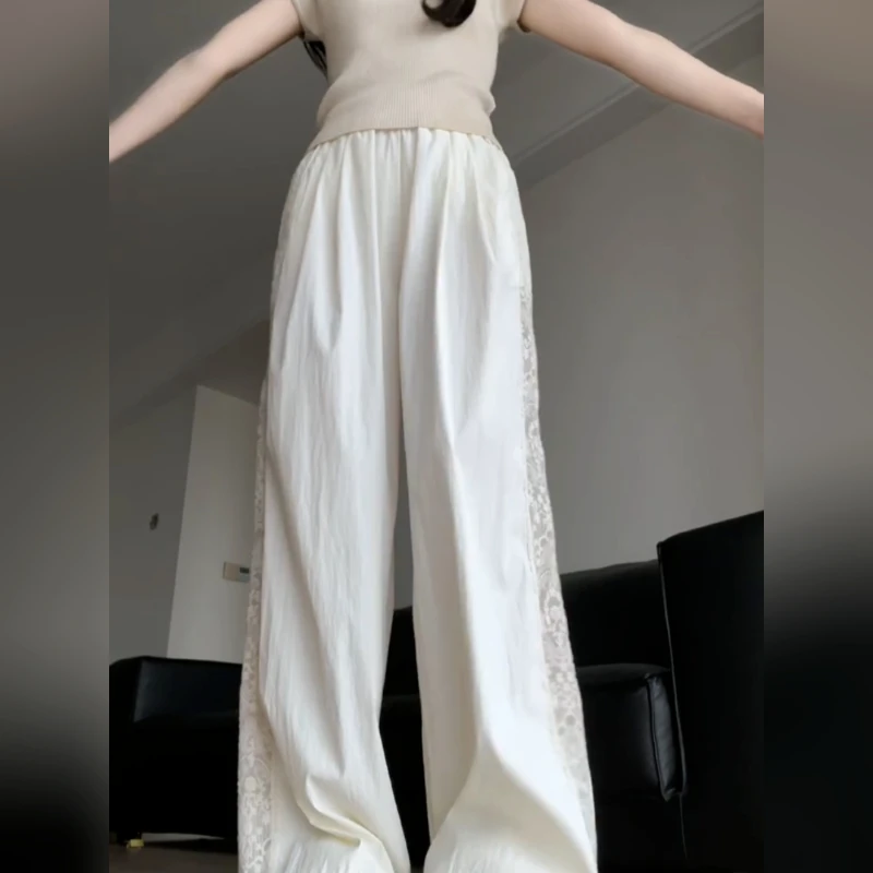 American Retro Lace Design Stitching Pants Female 2025 Summer High Street Straight Loose Wide Leg Drop Casual Pants