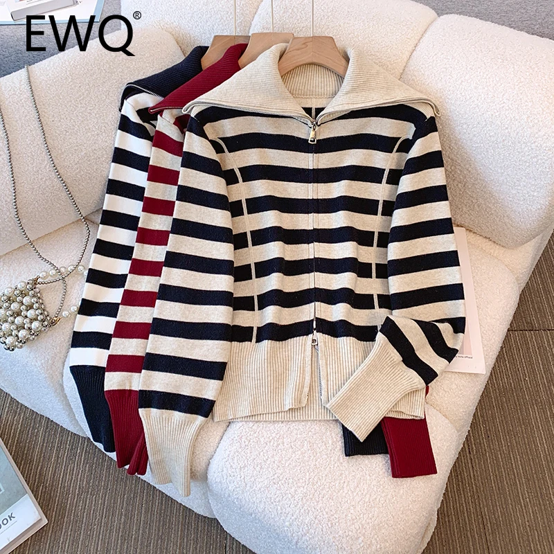 EWQ Casual Style Big Lapel Striped Knit Cardigan Thick Double Zipper Design Fashion Women Sweater Coat 2024 Winter New 27X9261