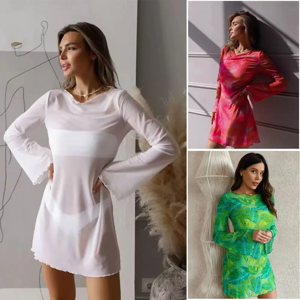 Summer Sheer Mesh Swimsuit Cover Up Long Bell Sleeves Mini Dress Bikini Cover Up Thin Round Neck Beach Bodycon Dress
